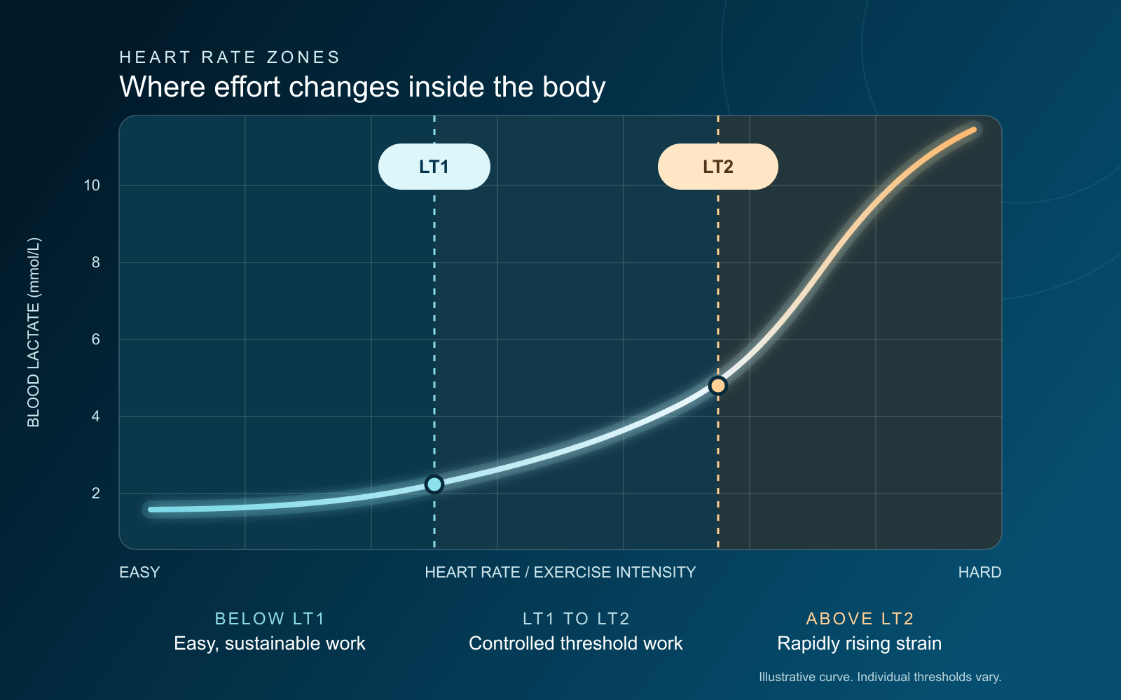 Illustrative graph showing blood lactate rising across heart rate and exercise intensity, with LT1 and LT2 marked
