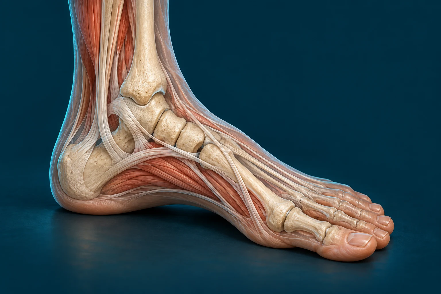 Anatomical illustration of a foot showing the heel, arch, muscles, and toe bones