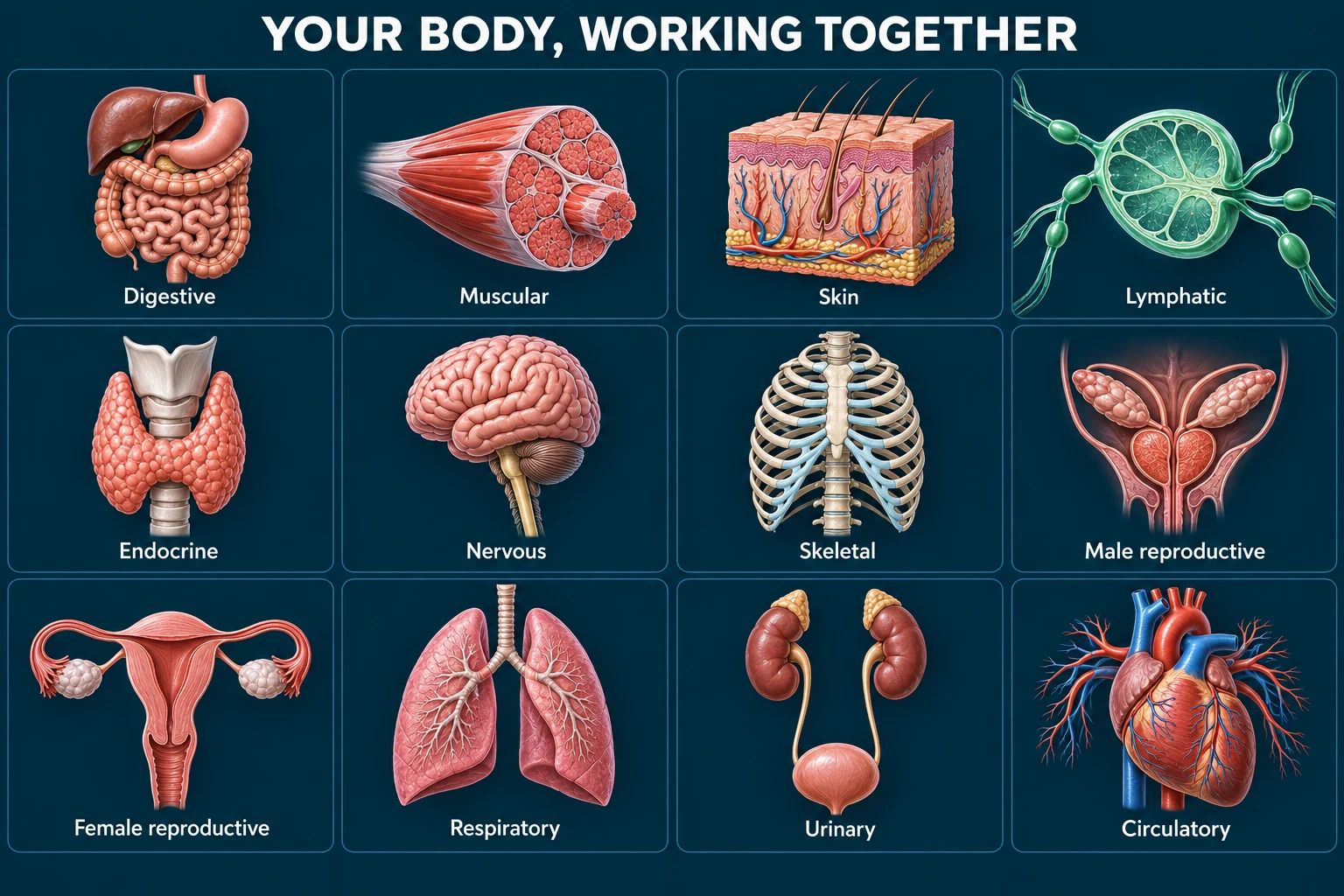 Anatomical models of the digestive, muscular, skin, lymphatic, endocrine, nervous, skeletal, male and female reproductive, respiratory, urinary, and circulatory systems