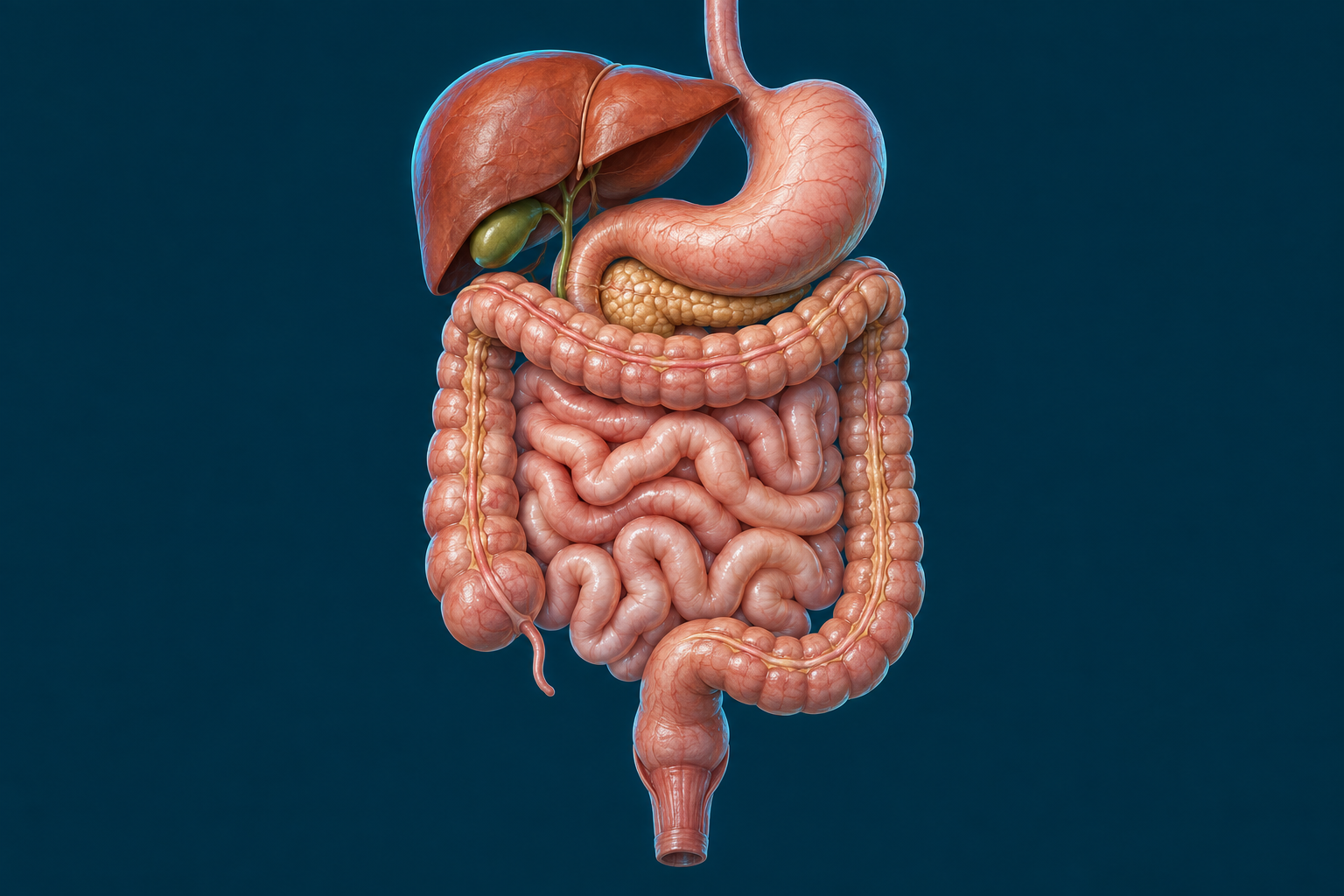 Digestive anatomy with numbered points at the liver, stomach, small intestine, and colon