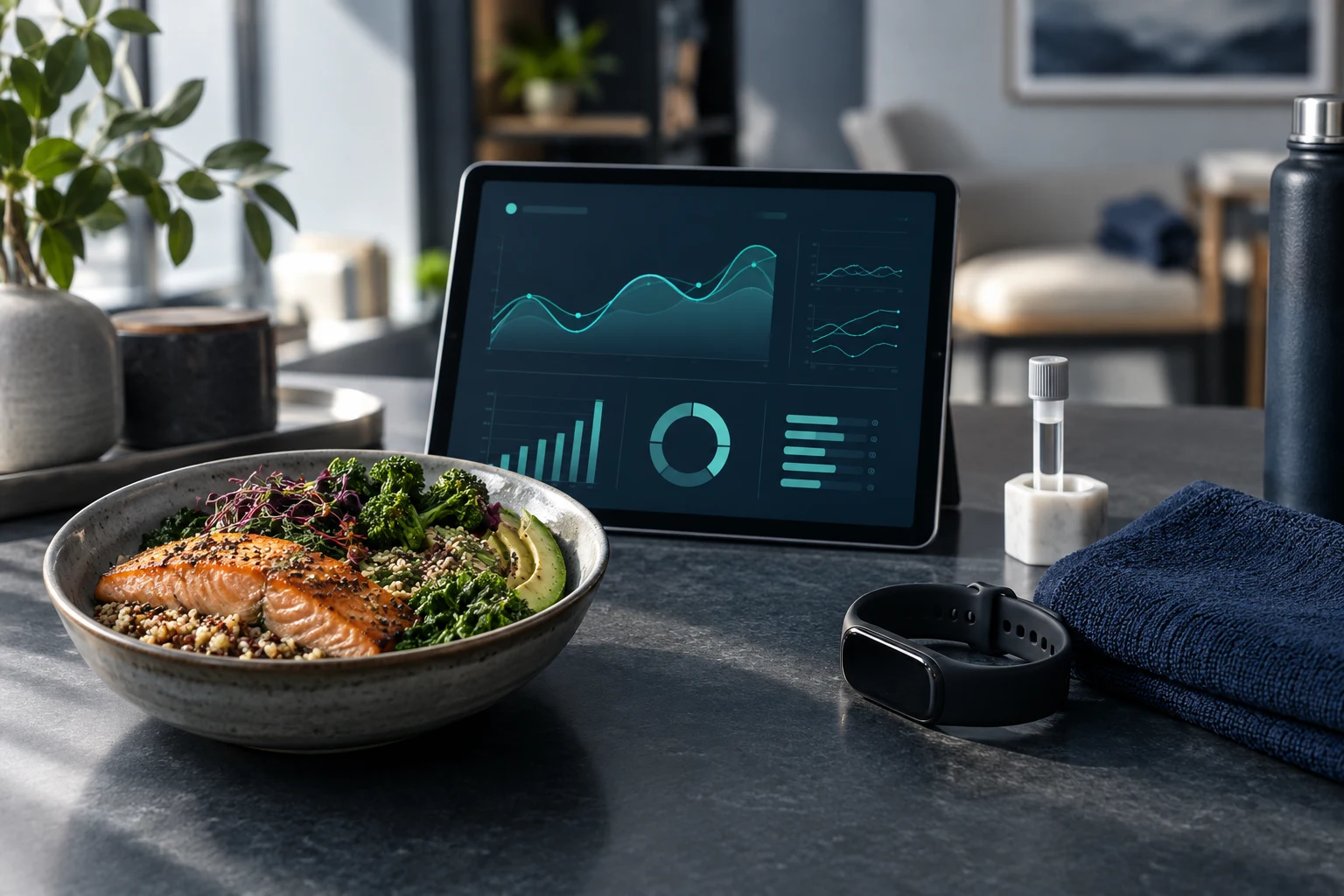 Editorial illustration bringing a health dashboard, prepared meal, fitness wearable, and lab sample together