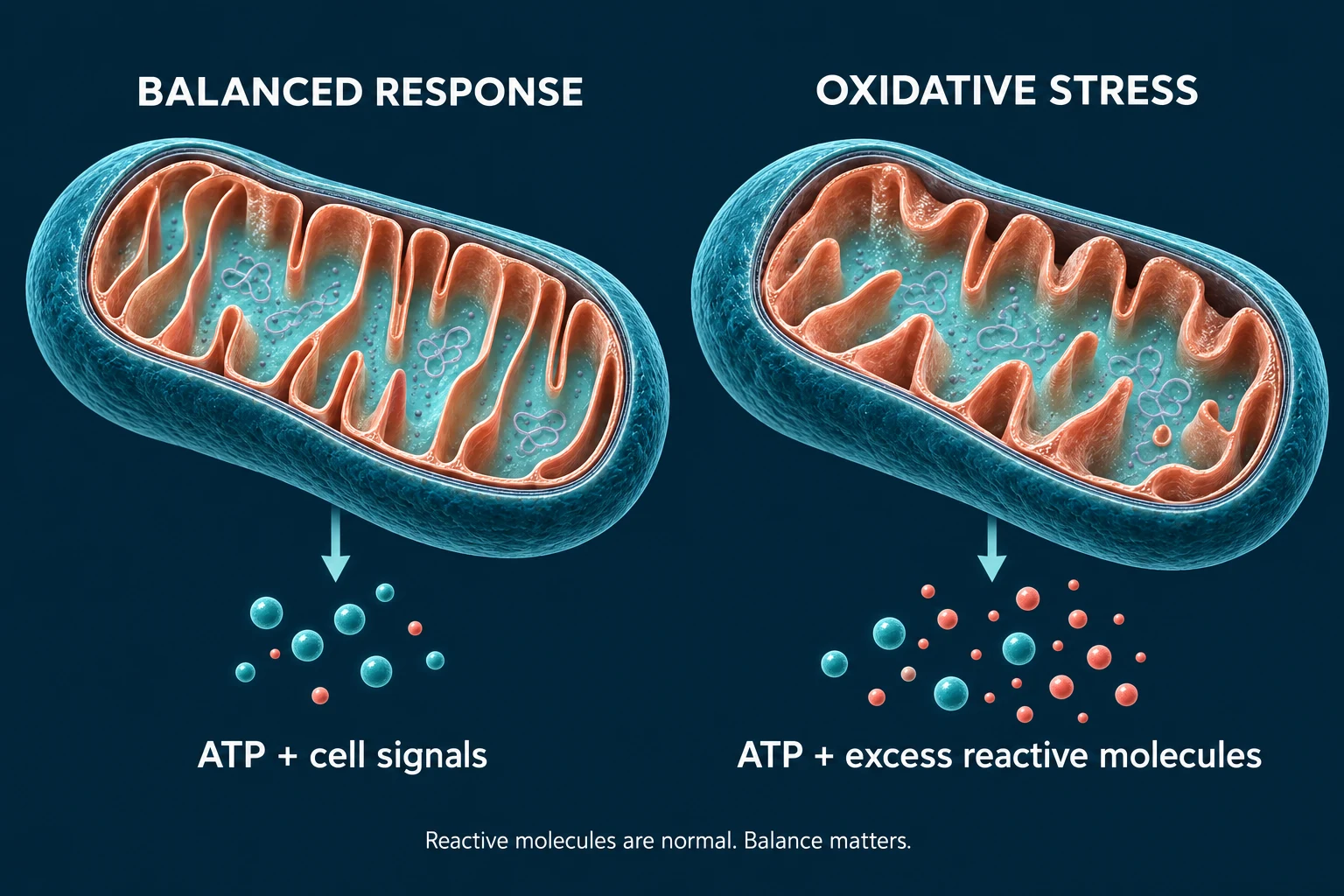 Two mitochondria: a balanced response produces ATP and controlled cell signals, while oxidative stress adds excess reactive molecules and can damage the inner folds.