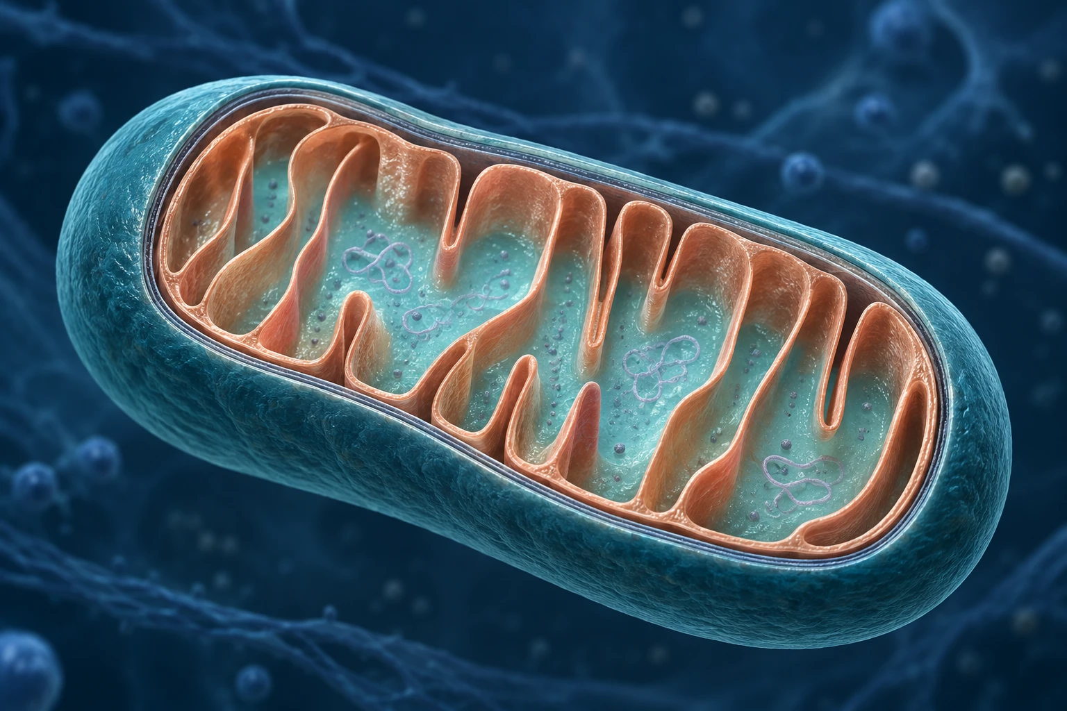Cutaway of a mitochondrion showing its folded inner membrane