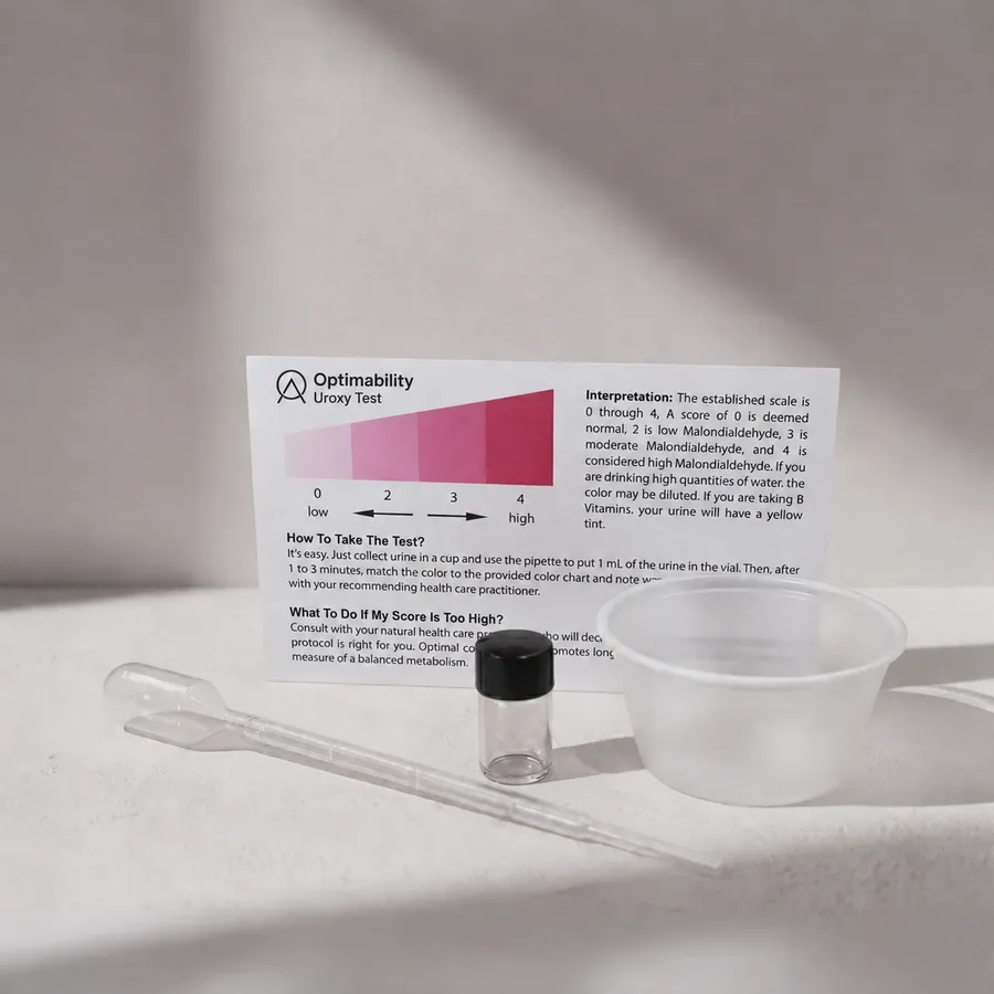Optimability at-home test kit with a test vial, cup and colour guide